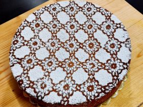 Fanouropita Greek fasting cake topped with icing sugar