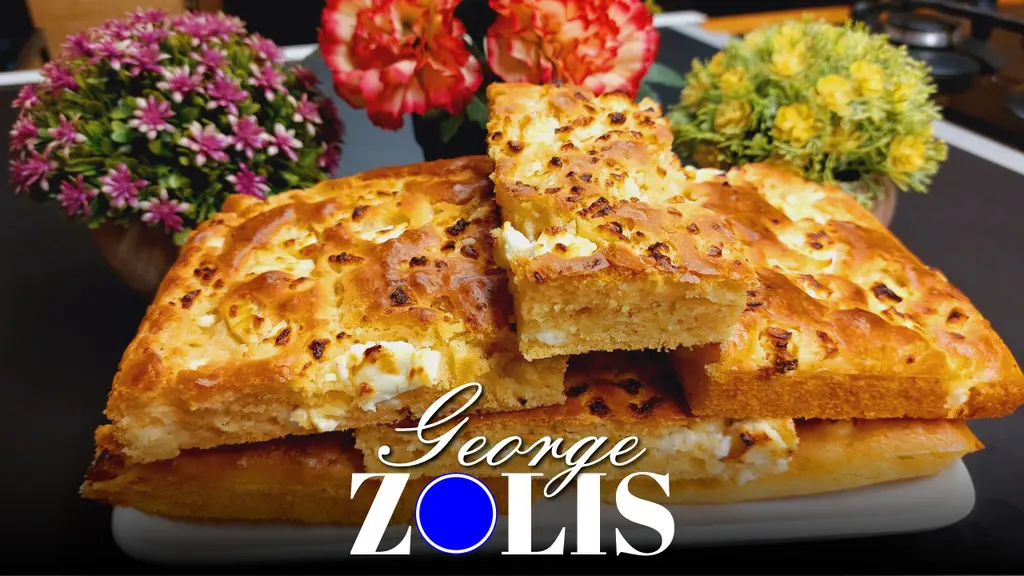 Three pieces of greek tiropita cheese pie with feta on a plate