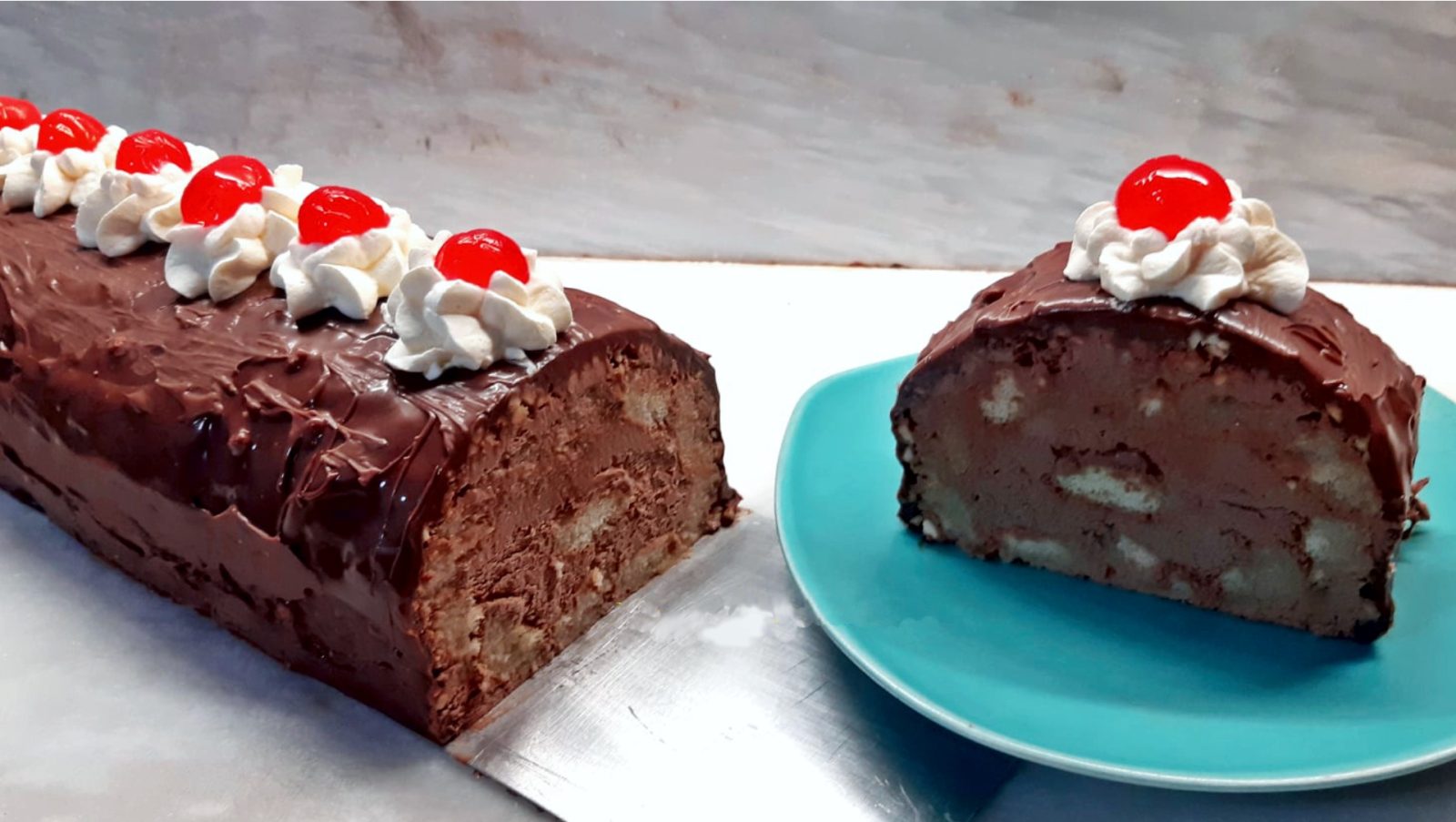 Chocolate Hazelnut Roulade cut in a plate