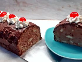 Chocolate Hazelnut Roulade cut in a plate