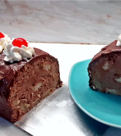 Chocolate Hazelnut Roulade cut in a plate