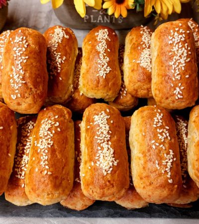 Greek Sausage Rolls on a plate - Λουκανικοπιτάκια με ζύμη γιαουρτιού