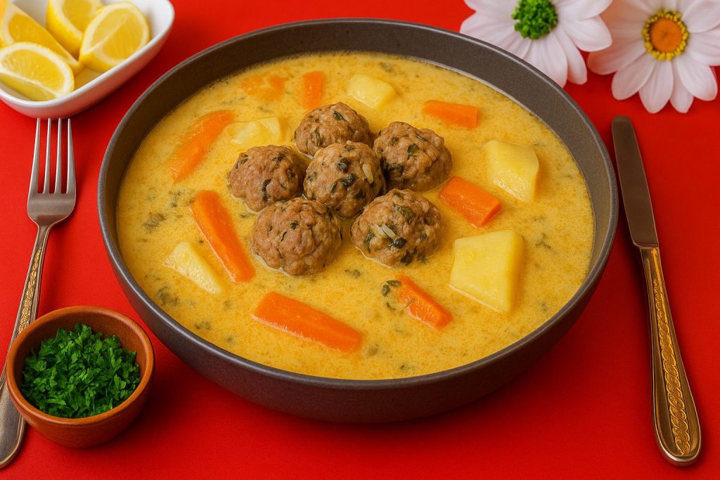 Γιουβαρλάκια αυγολέμονο σε βαθύ πιάτο - Greek Meatball Soup Avgolemono