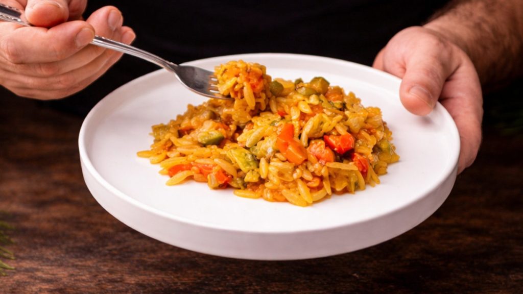 Νηστίσιμο κριθαράκι με λαχανικά σε πιάτο