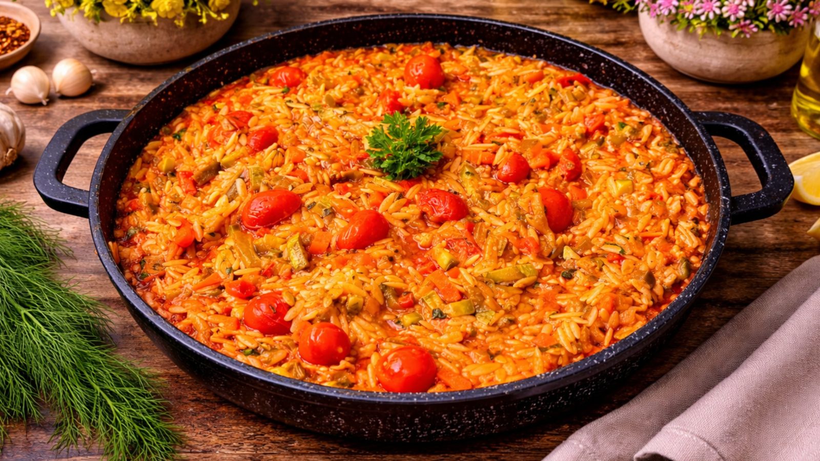 Νηστίσιμο κριθαράκι με λαχανικά στο τηγάνι