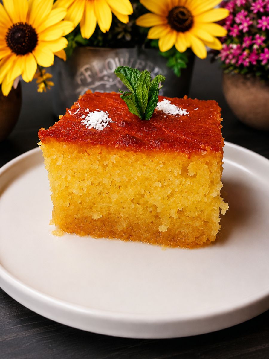 Ραβανί σε πιάτο - Greek Ravani dessert in a plate