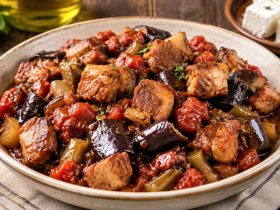 Χοιρινές μπουκιές με μελιτζάνες - Pork Bites with Eggplant