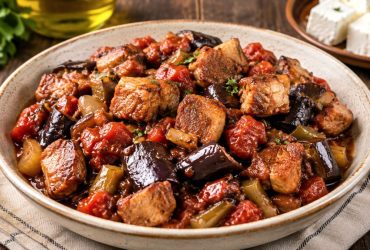 Χοιρινές μπουκιές με μελιτζάνες - Pork Bites with Eggplant