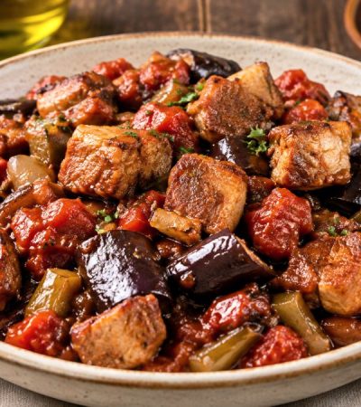 Χοιρινές μπουκιές με μελιτζάνες - Pork Bites with Eggplant