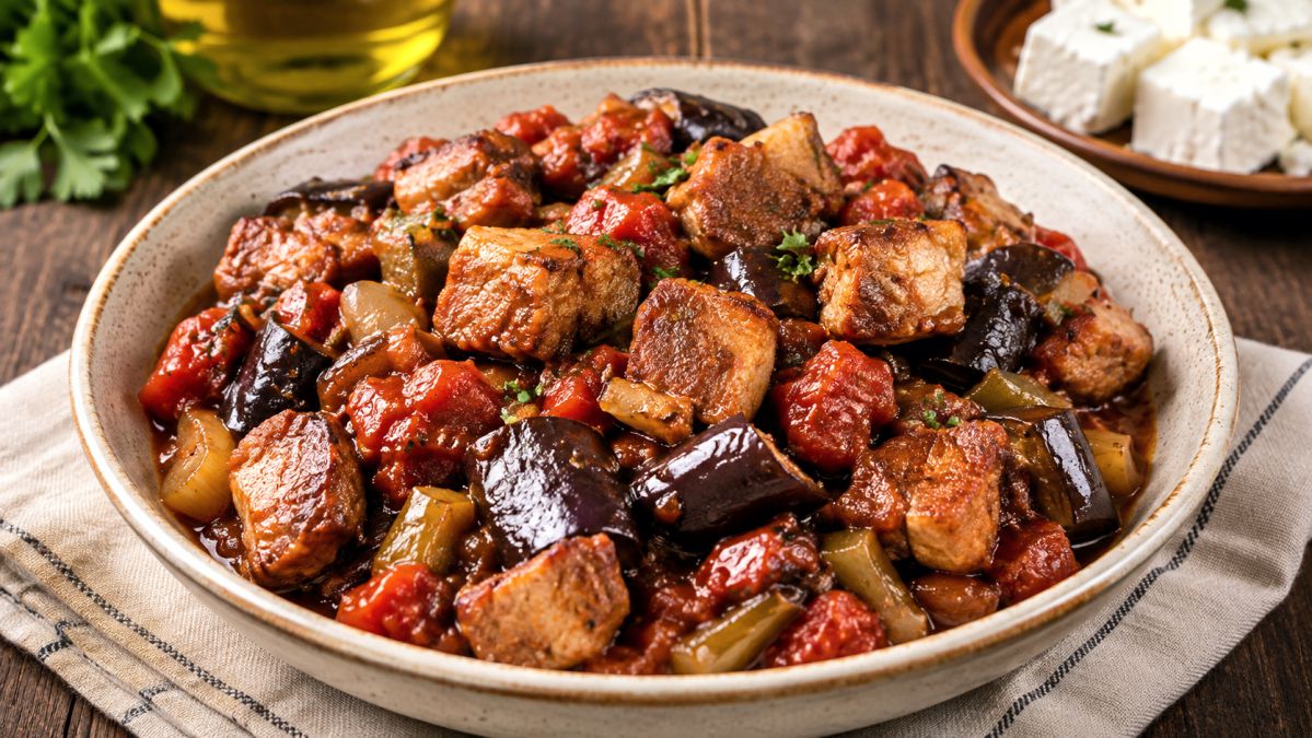 Χοιρινές μπουκιές με μελιτζάνες - Pork Bites with Eggplant